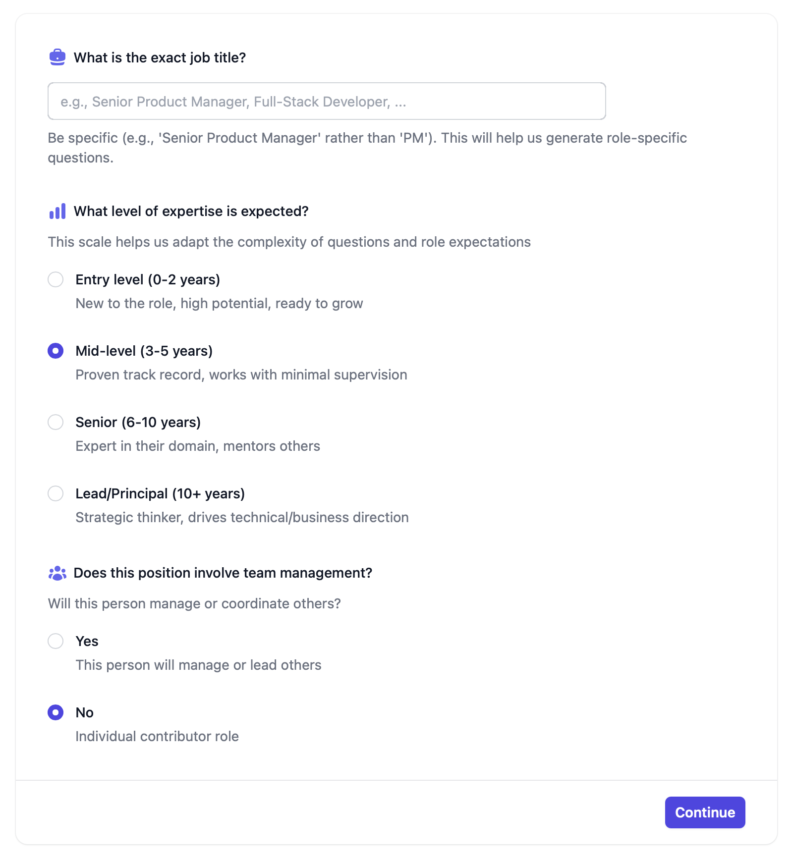 Keenix configuration wizard — describe the role and get interview questions, scoring guides, and red flags